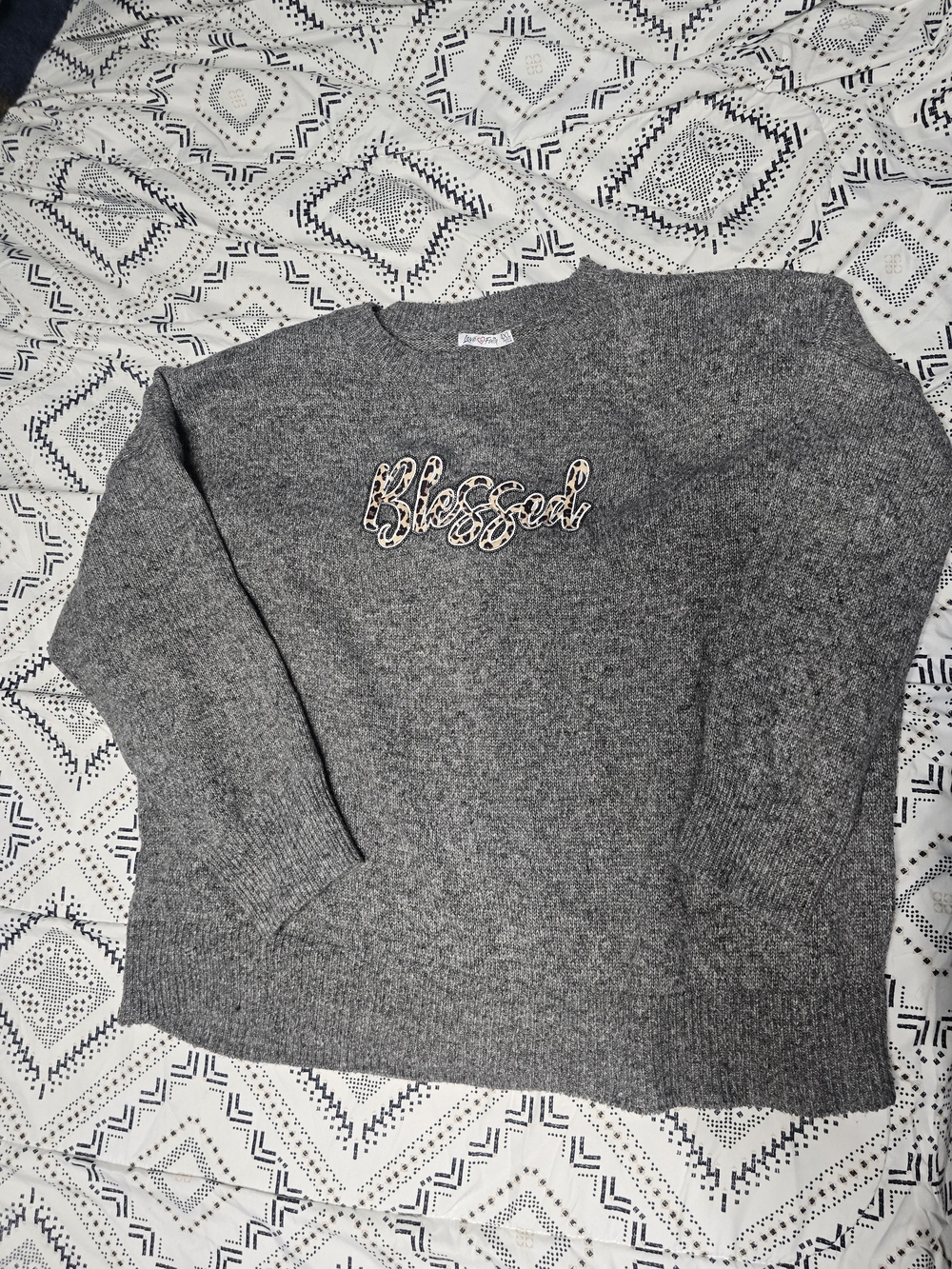 Cozy Gray 'Blessed' Crewneck Sweater with Leopard Script